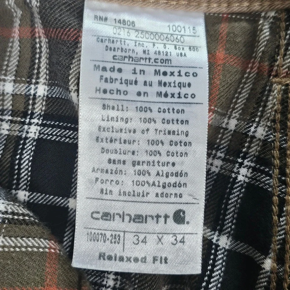 Carhartt Mens 34x34 Flannel Lined Relaxed‎ Fit Work Pants Tan Brown 100070-283